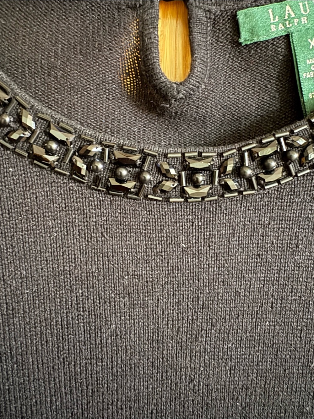 Women’s Lauren Ralph Lauren Black Beaded-Neck Short Sleeve Silk/Cashmere Sweater - Picture 3 of 4